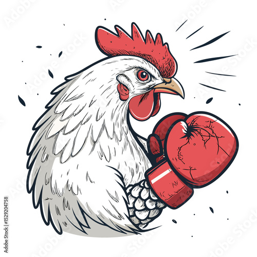 A battered, bruised chicken wearing boxing gloves, comical yet slightly menacing expression, showcasing a humorous contrast.