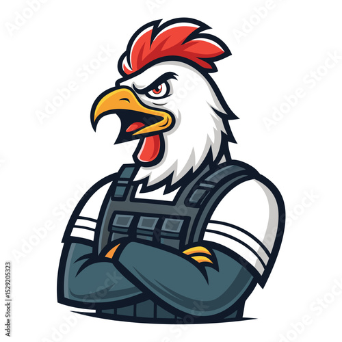 Design a logo featuring an angry chicken wearing a bulletproof vest.  The chicken should have a fierce expression.
