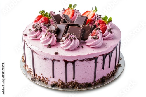 Pink cake decorated with fresh strawberries, chocolate pieces and creamy topping, isolated on white background, concept of sweet dessert, celebration treat, bakery product or birthday party delight