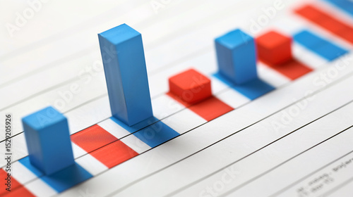 Close-up of red and blue bar chart representing political polling data, election results or voting statistics. Political analysis, democratic process and public opinion research concept.