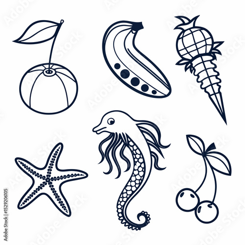 Outline illustrations of various fruits and marine life