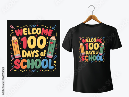 Colorful welcome 100 days of school design featured on black t shirt mockup