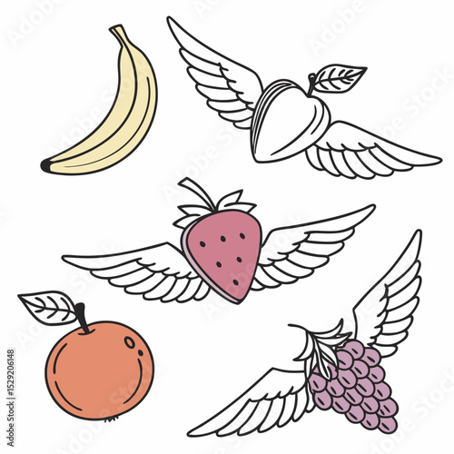 Whimsical fruits with wings illustrations on white background