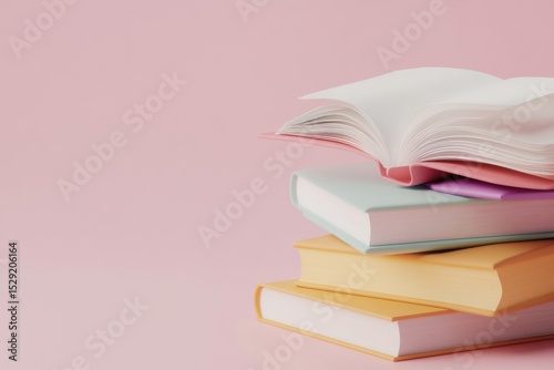 Stack of pastel-colored books with one open on top against pink background, minimal composition for education, literature, study, reading habit, learning materials, back to school or academic concept