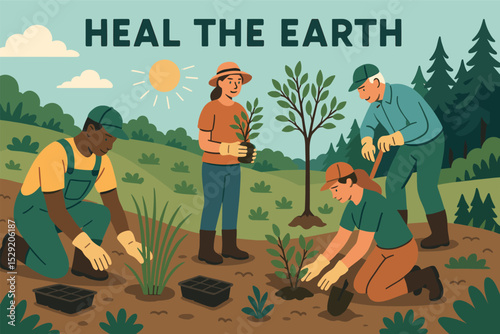 Nature Restoration Team. Heal the Earth — Vector illustration of nature restoration team replanting native grasses, shrubs, and