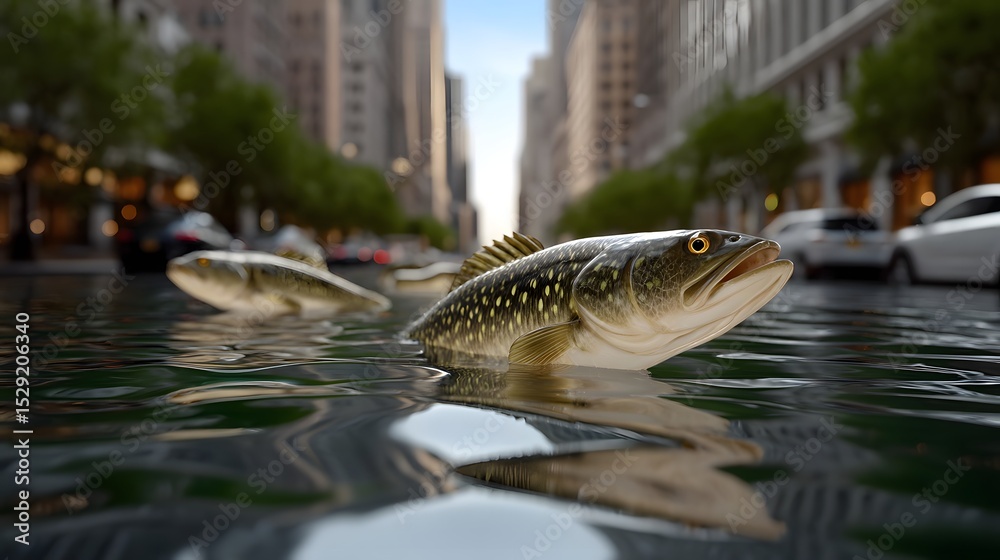 Fototapeta premium Fish swimming through flooded city streets, a surreal vision of climate change impact.