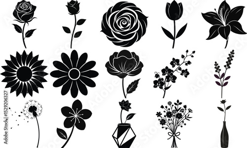 Black and White Flowers Rose, Tulip, Sunflower, Lily, Dandelion, Bouquet, and Vase Outlines