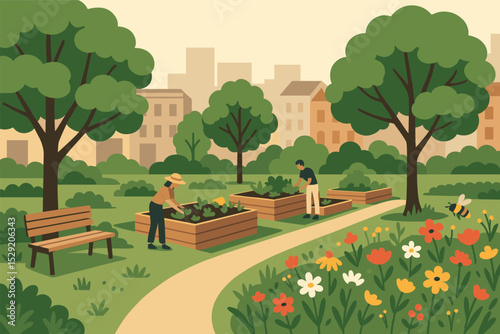 Urban Renewal Park. Vector illustration of urban renewal park built on former concrete lot with shaded trees, community plots, and