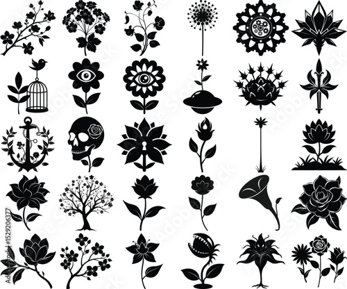 Black and White Graphics of Flowers, Skull, Anchor, Birdcage, and More, Isolated