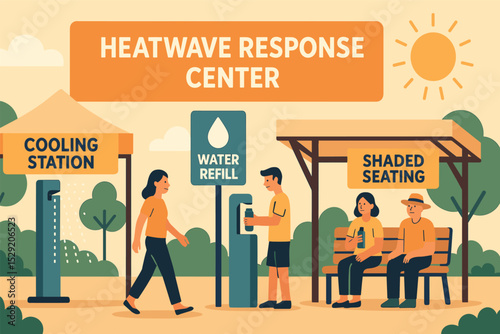 Heatwave Relief Center. Illustration in vector style of heatwave response center with cooling station, water refill zone, and