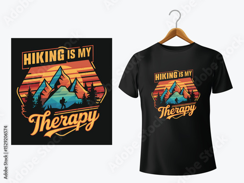 Hiking is my therapy retro t-shirt design illustrating mountains and the outdoors with typography