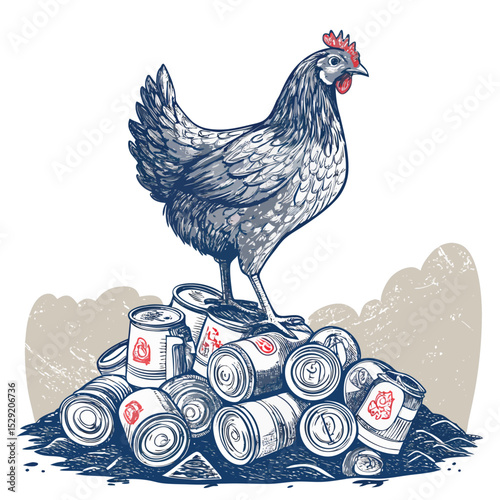 A defiant chicken perched atop a precarious stack of crushed aluminum cans, gritty urban background.