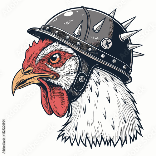 A comical image of a chicken wearing a scratched, vintage biker helmet.  The chicken should appear slightly bewildered.