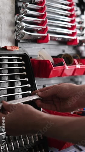 Man Chooses A Wrench On A Shelf With Various Tools In The Garage, Vertical Video
