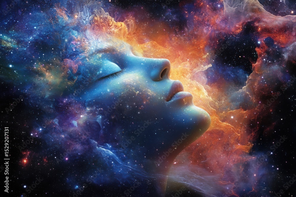 Fototapeta premium Cosmic Woman A Celestial Portrait of Inner Peace and Universal Connection