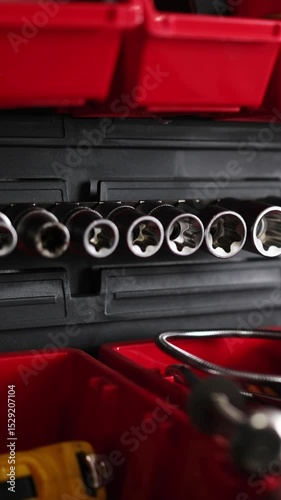 Wrench Set And Tools In An Auto Mechanic's Workspace In The Garage, Vertical Video