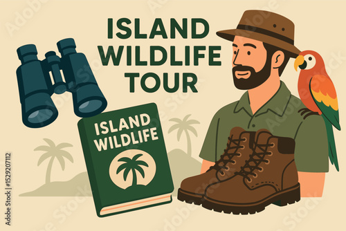 Island Wildlife Adventure. Vector illustration of island wildlife tour with binoculars, guidebook, parrot on shoulder, and hiking