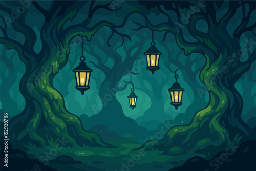 Mystical Enchanted Forest. Enchanted atmosphere — Vector illustration of mystical trees with twisted trunks, lanterns hanging from