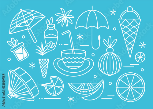 Summer vacation elements illustrated in simple outlines against a light blue background for design and decoration
