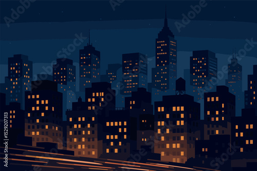 Urban Nightscape. City never sleeps — Vector illustration of nighttime skyline with glowing windows, light trails, and rooftop
