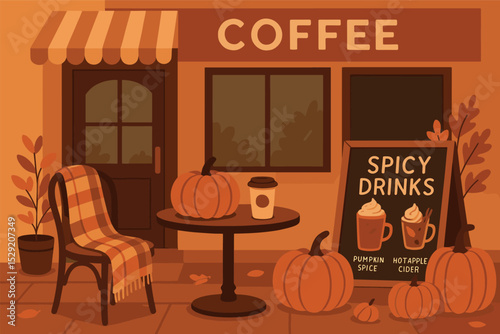 Autumn Coffee Shop Ambiance. Vector illustration of autumn-themed coffee shop with pumpkin decor, spicy drinks board, and cozy