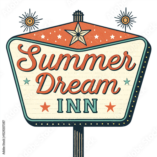 Retro 1970s motel sign, vibrant colors, "Summer Dream Inn," vintage font, neon lighting, roadside attraction.