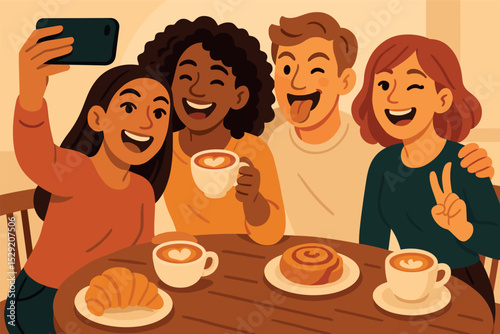 Brunch Selfie Fun. Vector illustration of friends taking selfies over brunch with coffee foam, pastries, and fun candid