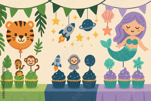Themed Party Table. Vector illustration of themed party table setup with jungle, space, or mermaid decorations and matching
