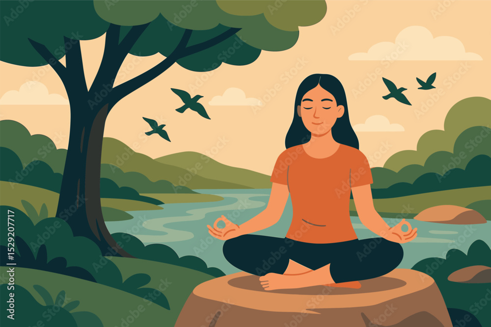 custom made wallpaper toronto digitalTranquil Outdoor Meditation. Vector illustration of outdoor meditation in nature — under tree, beside river, or on rock with birds