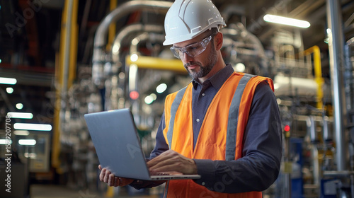 Robotic Process Automation engineer using laptop for smart factory automation software, Technology, Software and safety control.