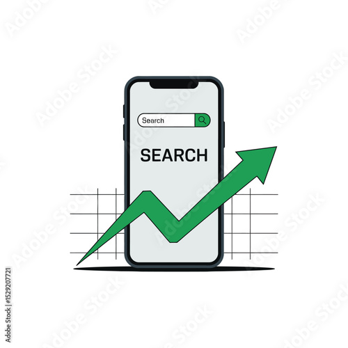 Smartphone displaying search results with upward trending graph illustrating growth in online searches