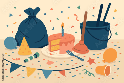 Birthday Aftermath. Vector illustration of birthday party cleanup scene with leftover confetti, half-eaten cake, and scattered