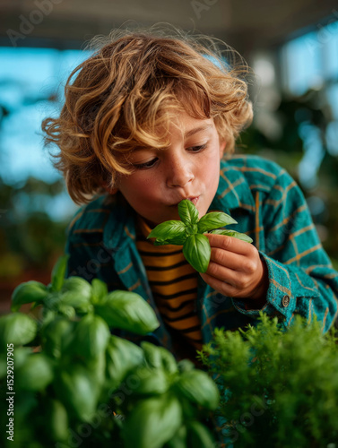 Curious child sniffing basil leaves in a sunlit greenhouse filled with plants