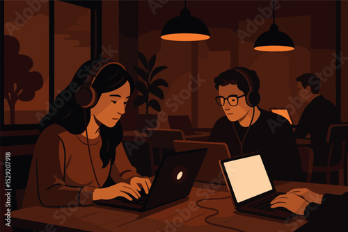 Evening Coworking Scene. Vector illustration of evening coworking scene with ambient light, laptops glowing, and headphones on