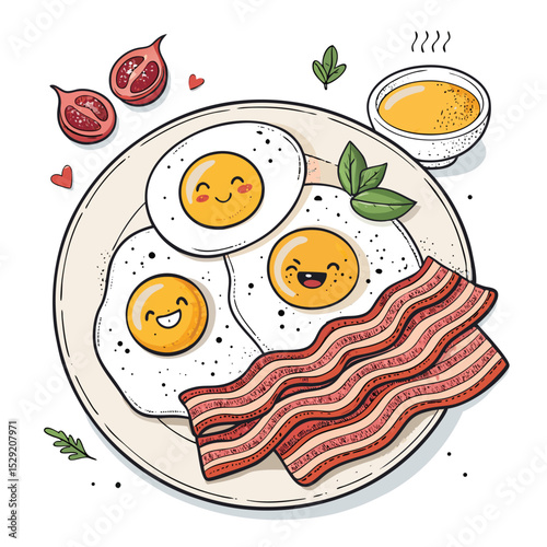 Design a vintage-style poster advertising a classic American breakfast featuring sunny-side-up eggs, bacon, pancakes, and coffee.  Emphasize vibrant colors and retro design elements.