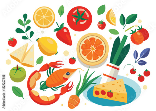 Colorful and fresh illustration showcasing a variety of fruits vegetables seafood and dairy ingredients isolated on white for culinary designs