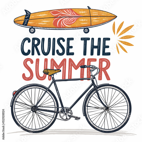 A vintage bicycle, equipped with a surfboard rack, parked near a classic cruiser car, evokes a carefree beach lifestyle.