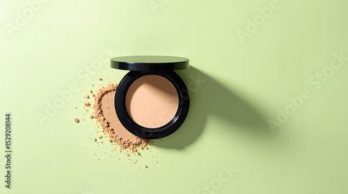 Compact Face Powder in an Open Black Case with Loose Powder Scattered on a Light Green Background, Perfect for Beauty, Skincare, and Cosmetic Product Displays