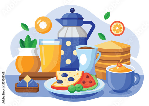 A vibrant and colorful illustration of a delicious breakfast featuring pancakes juice coffee and fresh fruit on a tabletop arrangement