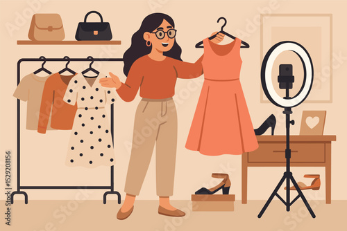 Fashion Blogger's Studio. Vector illustration of fashion blogger filming in boutique with tripod, ring light, and favorite picks