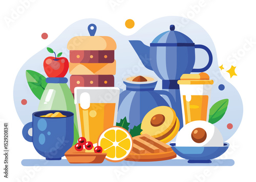 Colorful flat illustration of a delicious breakfast spread featuring food and drink items including tea, orange juice, fruit, and pastries