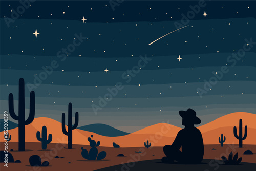 Desert Stargazing Serenity. Vector illustration of serene desert stargazing with low cacti, vast sky, and warm glow on distant