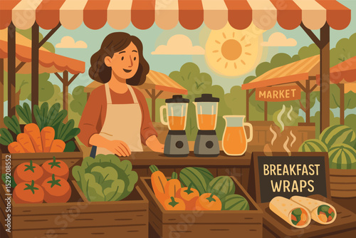 Morning Food Market. Vector illustration of morning food market with fresh produce, juice blenders, and steaming breakfast wraps
