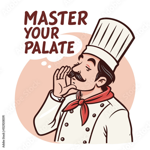 A jovial classic French chef, white toque and apron, dramatically kisses his fingertips, showcasing culinary expertise.