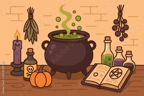 Witch's Potion Station. Vector illustration of witch’s potion station with bubbling cauldron, ingredients, and spell book