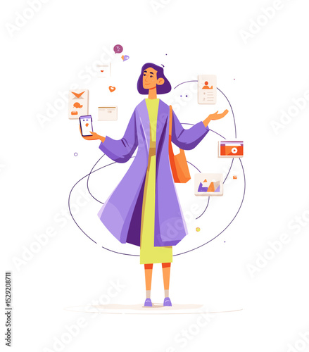 Digital Flow: A woman navigates a world of information, balancing a smartphone and a network of interconnected digital elements representing data, communication, and modern lifestyle.