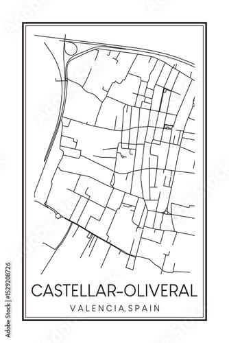 Hand drawn printable downtown road map poster of district CASTELLAR-OLIVERAL of the Spanish city of VALENCIA on solid white background with city name