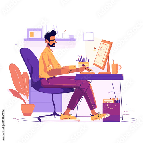 At Desk Work: A man meticulously focuses on his computer tasks while seated at his desk, surrounded by essential office supplies, embodying a dedication to work.