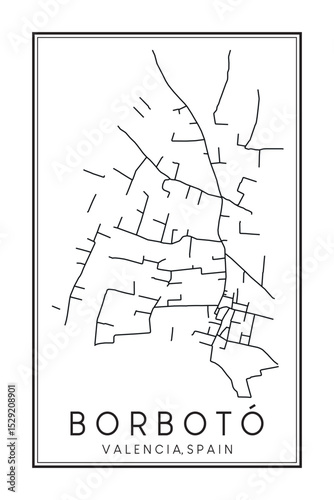 Hand drawn printable downtown road map poster of district BORBOTÓ of the Spanish city of VALENCIA on solid white background with city name