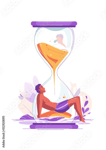 Time's Flow: A vivid illustration of leisure and contemplation within the hourglass. The artwork visually encapsulates the passage of time through the activities of the figures within.
